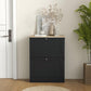 Black slim shoe storage cabinet with light wood top and two flip drawers, by door