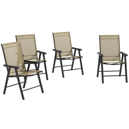 Set of four folding patio dining chairs with armrests, light mixed brown mesh seats