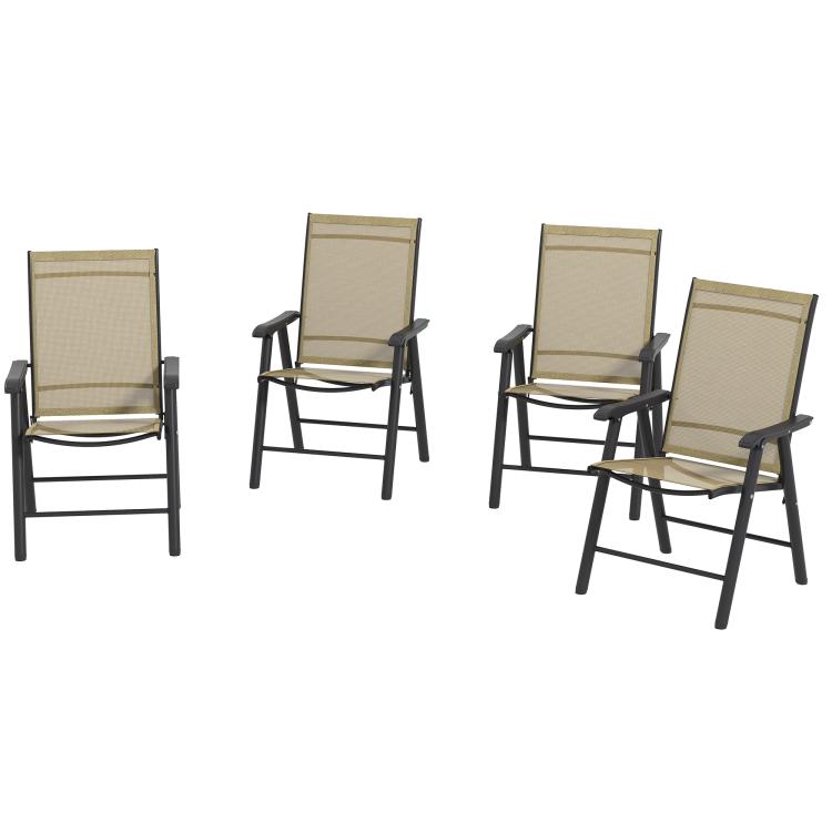 Set of four outdoor folding chairs with armrests, light mixed brown mesh back and seat