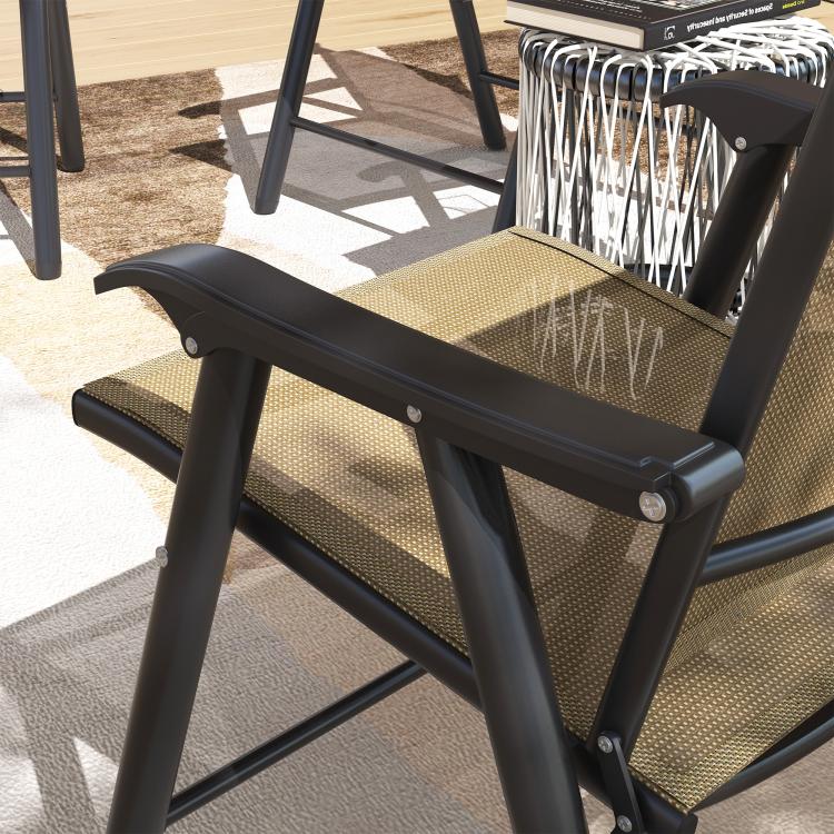 Outdoor folding patio chair with armrests, dark metal frame and light brown mesh seat/back