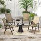 Set of four outdoor folding chairs with armrests, light mixed brown fabric and black frames