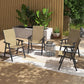 Set of four patio folding chairs with armrests, light mixed brown mesh seats and dark frames