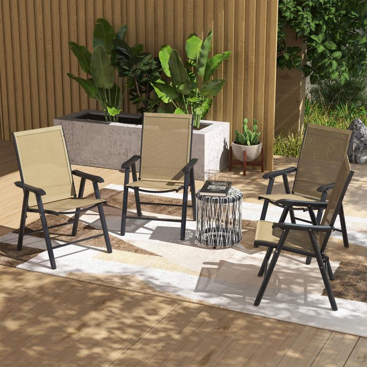 Set of four patio folding chairs with armrests, light mixed brown mesh seats and dark frames