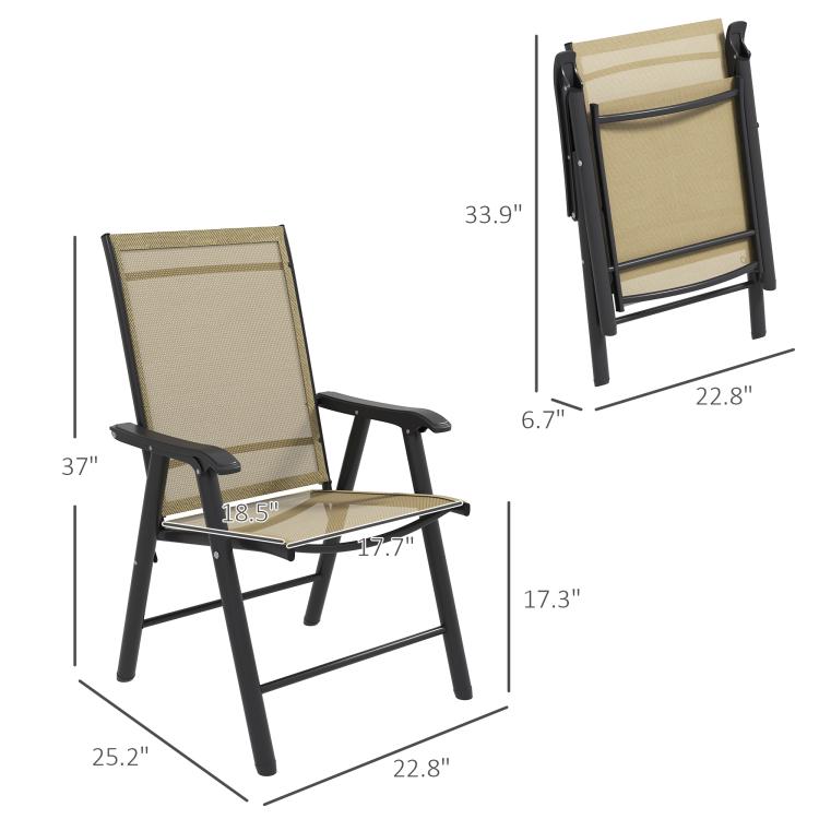 Folding patio chair with armrests, light mixed brown mesh seat, black metal frame (side)