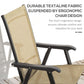 Outdoor folding chair with light mixed brown textile backrest and armrests, black frame