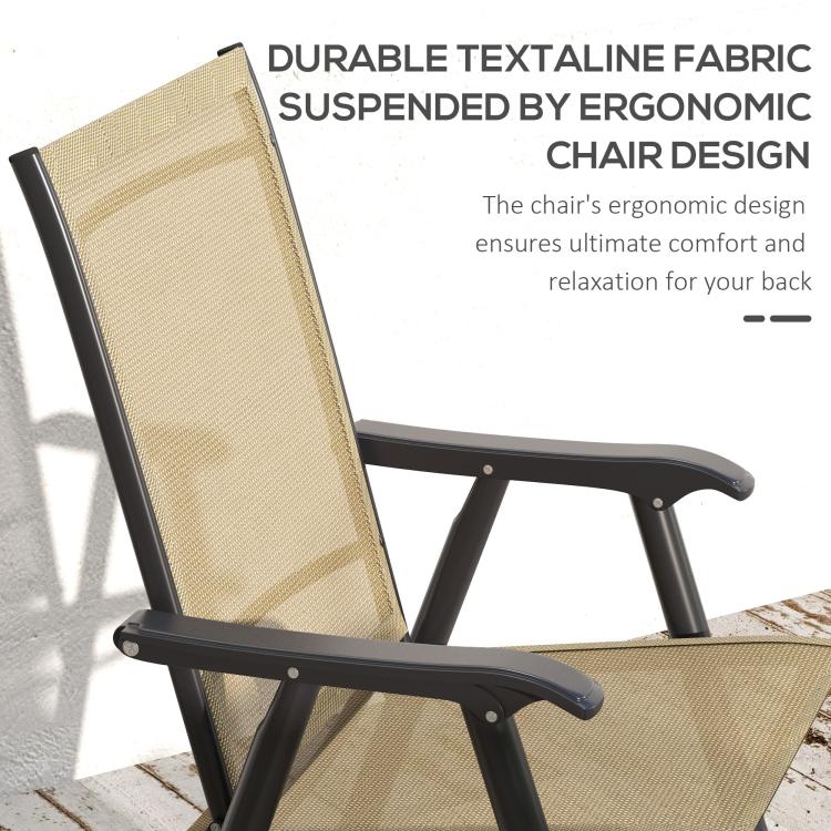 Outdoor folding chair with light mixed brown textile backrest and armrests, black frame