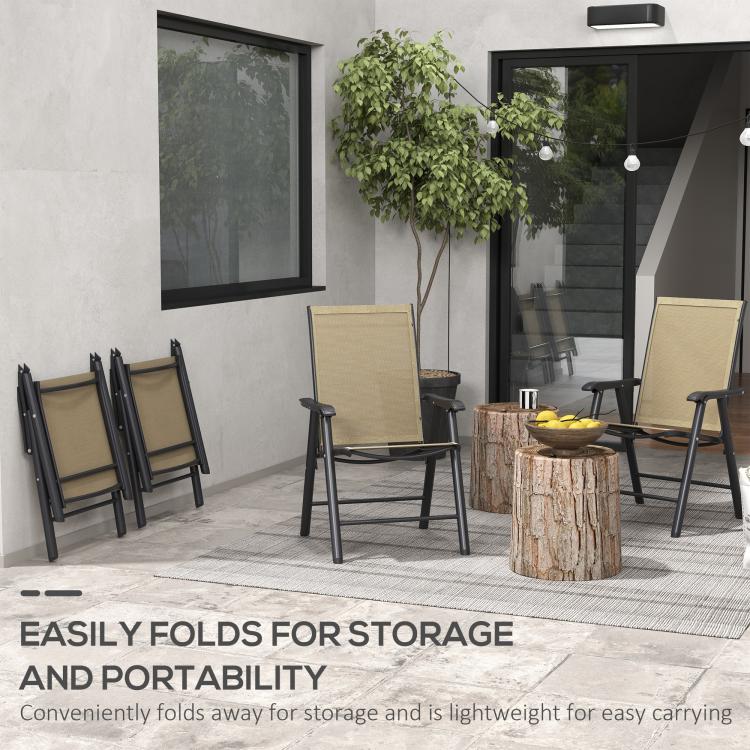 Set of four outdoor folding chairs with armrests, light mixed brown mesh seats and black legs