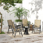 Set of four outdoor folding chairs with armrests, light mixed brown mesh seats on patio