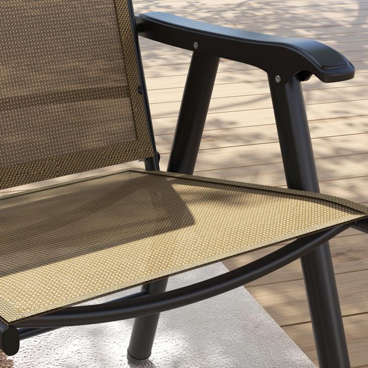 Close-up of folding patio chair seat and armrest, light mixed brown fabric on black frame