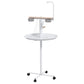 White bird feeding stand with round tray, ladder perch, two bowls, and rolling base