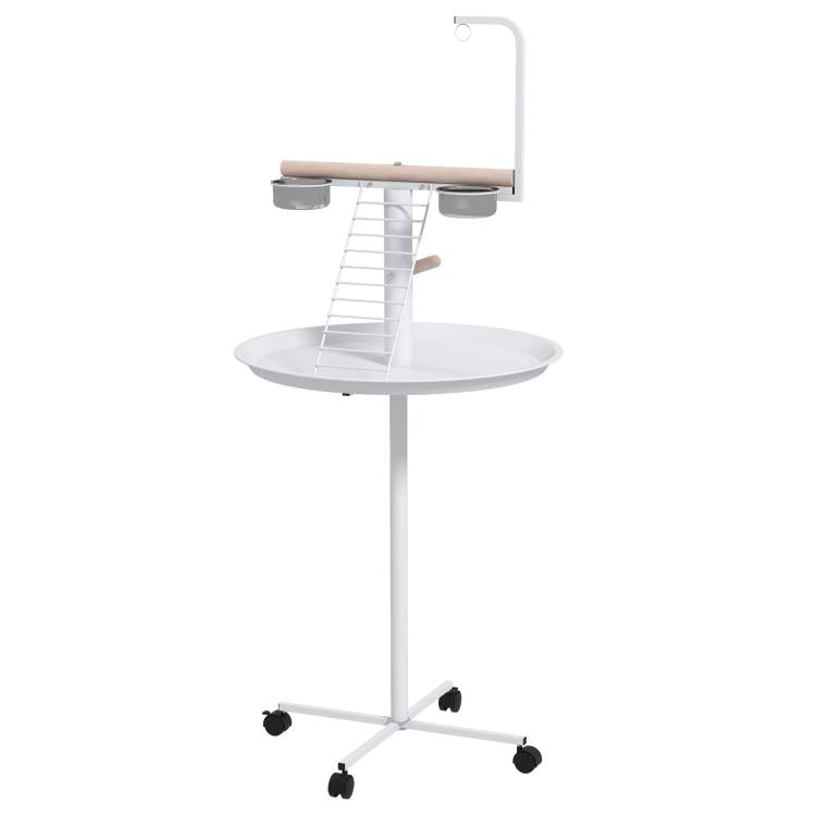 White bird feeding stand with round tray, ladder perch, two bowls, and rolling base