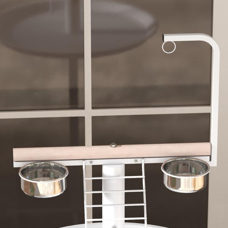 Bird stand feeder with two stainless feed bowls on a white grid platform