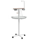 Bird parrot stand with round tray, two bowls, wire grate perch, and rolling legs