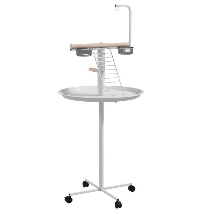 Bird parrot stand with round tray, two bowls, wire grate perch, and rolling legs