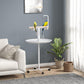 White bird stand with round base tray and ladder perch, two metal bowls, on wheels