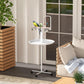 White parrot stand with round tray, ladder perch, two metal bowls, and wheeled legs