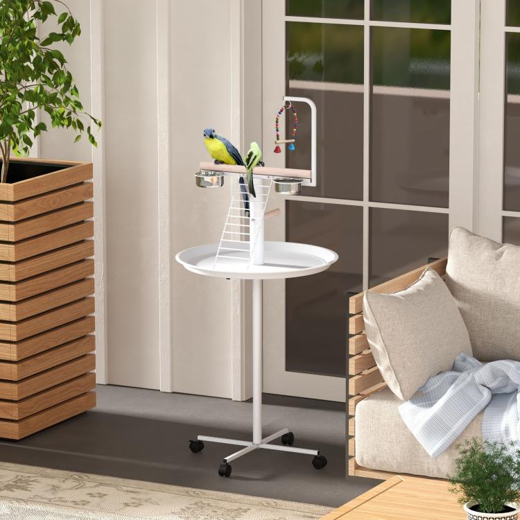 White parrot stand with round tray, ladder perch, two metal bowls, and wheeled legs