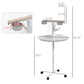 Bird stand sizing diagram: white frame, round tray, ladder perch, two metal bowls