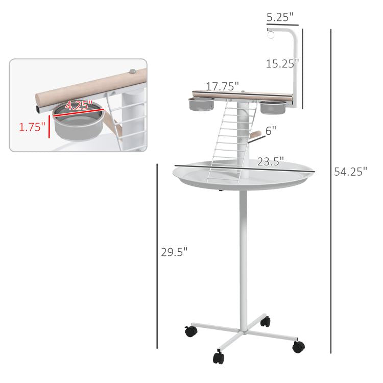 Bird stand sizing diagram: white frame, round tray, ladder perch, two metal bowls