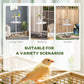 Bird stand with round tray, ladder perch, and two metal bowls shown in indoor settings