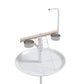 White bird stand with round tray, ladder perch, and two gray metal feed bowls