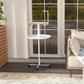 White bird stand with round tray, ladder perch, two feed bowls, and wheeled base