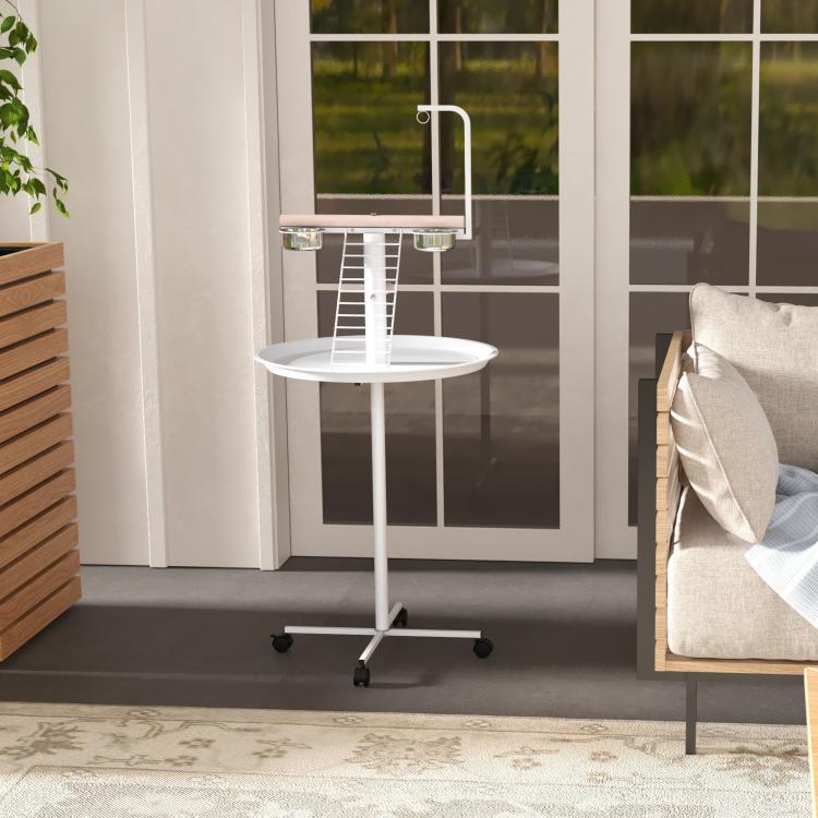 White bird stand with round tray, ladder perch, two feed bowls, and wheeled base