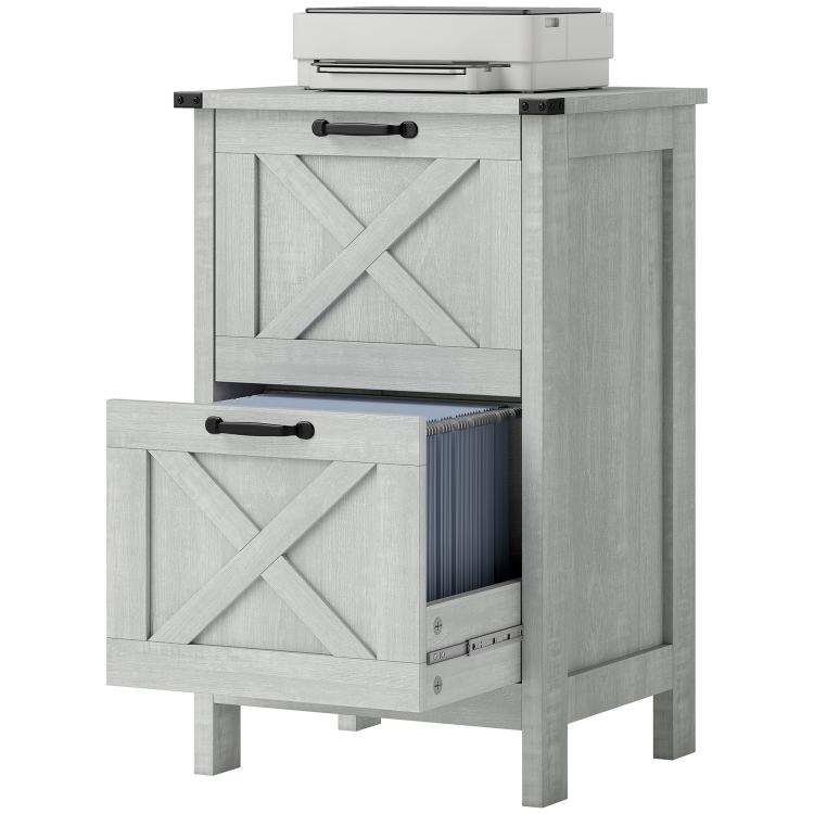 Rustic light gray cabinet showing two drawers, X-cross panel fronts, black handles