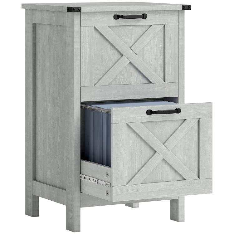 Light gray farmhouse file cabinet with two open drawers and cross-brace panel fronts