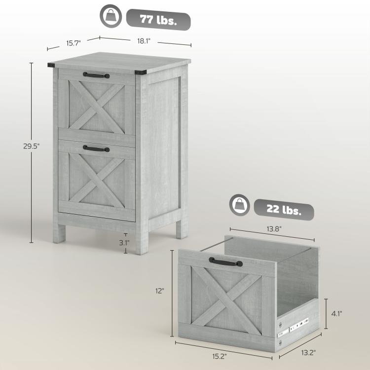 Light gray vertical file cabinet dimensions view with two drawers and X panel doors