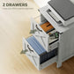 Light gray cabinet with two drawers open, X-panel fronts, black bar drawer pulls