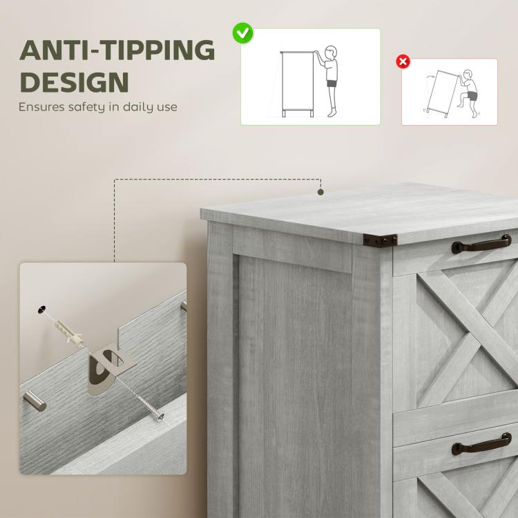Light gray distressed file cabinet with anti-tipping top hinge and X-brace front
