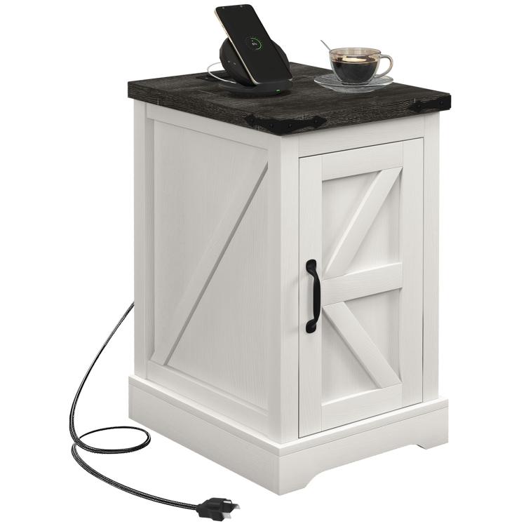 White farmhouse end table with black top, storage door, and charging cable for devices
