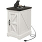 White side table with black top, barn-style door handle, and charging cord with adapter
