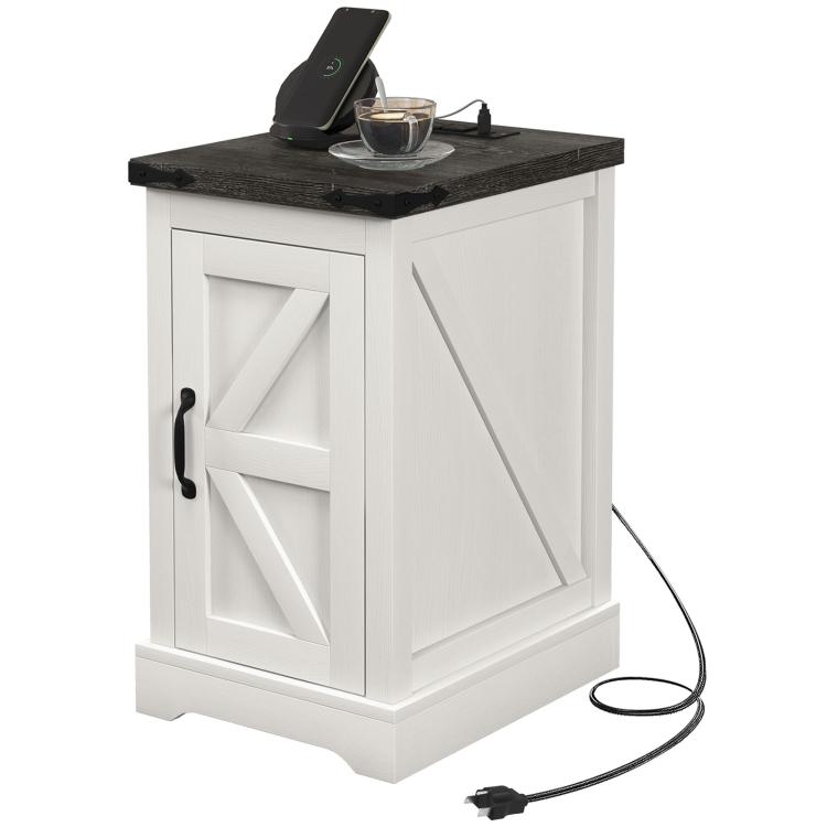 White side table with black top, barn-style door handle, and charging cord with adapter