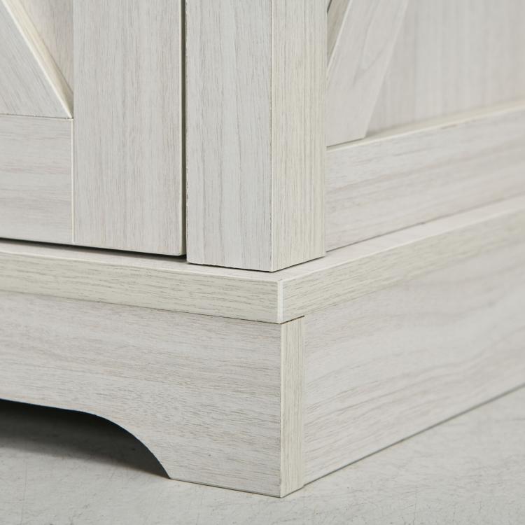 Distressed white farmhouse end table base with cabinet door and X-panel detailing