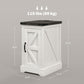 Farmhouse end table size view: white cabinet with black top and front storage door