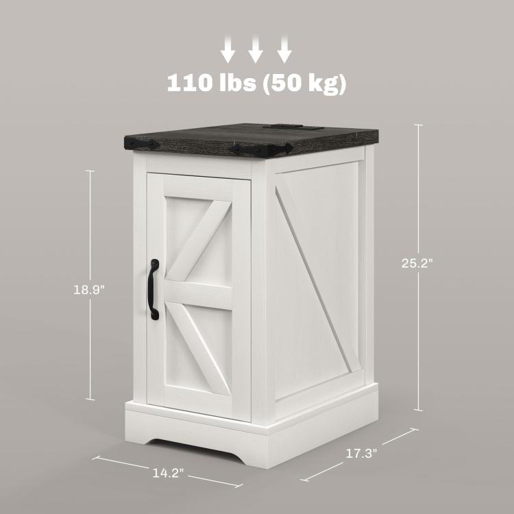 Farmhouse end table size view: white cabinet with black top and front storage door