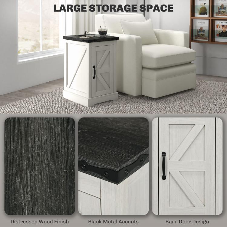 White end table with black top and storage cabinet, showing distressed and barn-door style