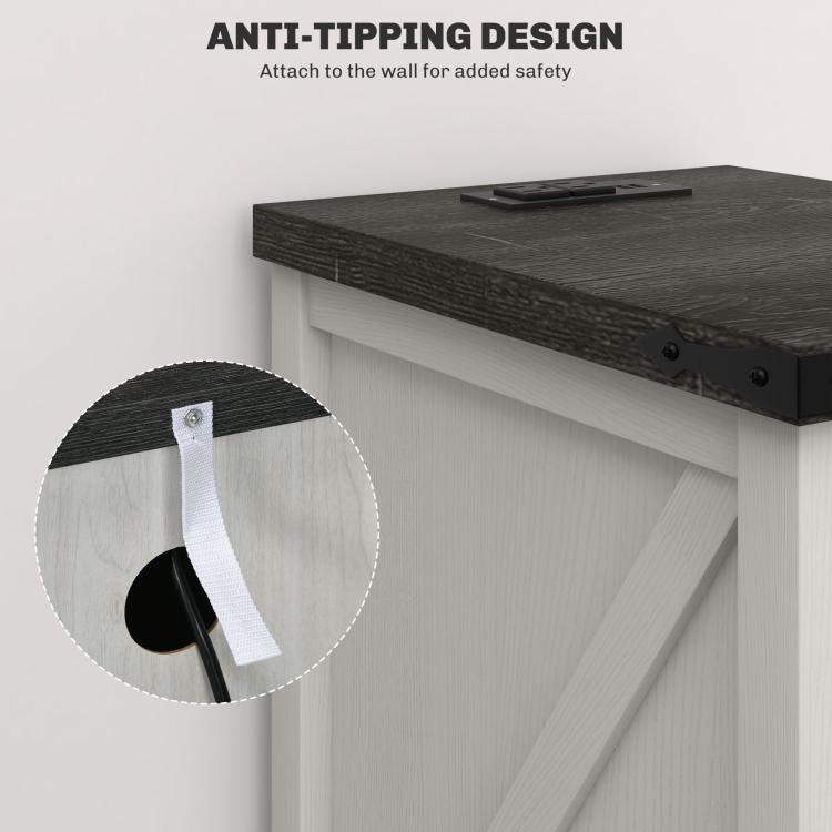 White end table with black top featuring anti-tipping wall attachment hardware