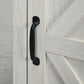 Close-up of black bar handle on white distressed cabinet door of the end table