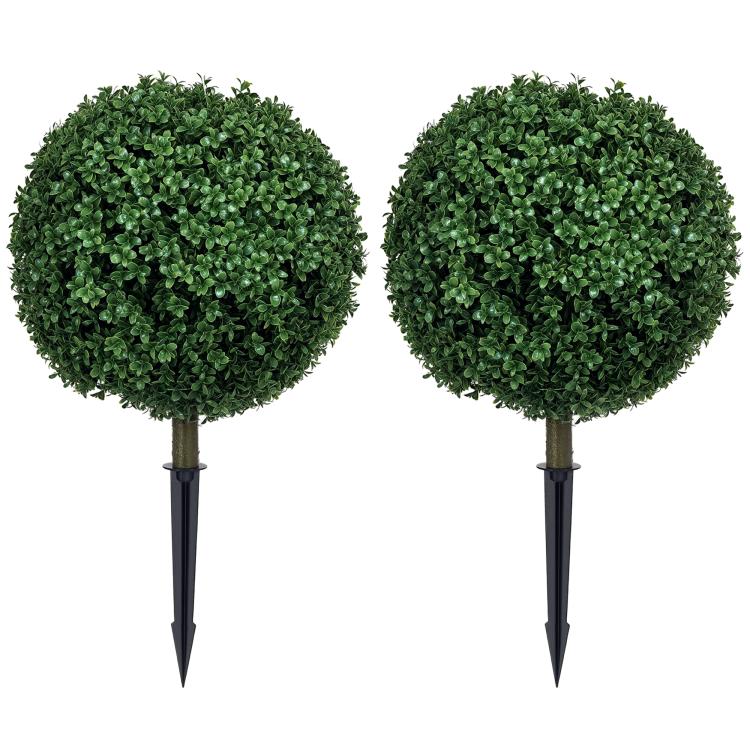 Set of 2 artificial boxwood ball topiary trees with green foliage and ground stake