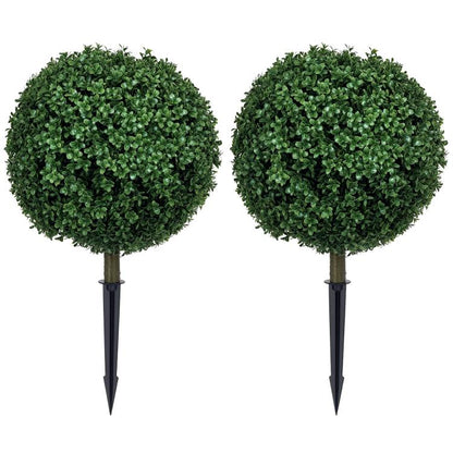 Set of 2 artificial boxwood ball topiary trees with green foliage and ground stake