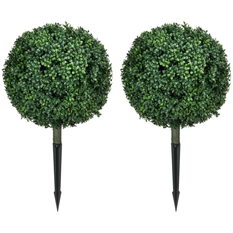Two artificial boxwood ball topiary trees, green leaves, each with a ground stake