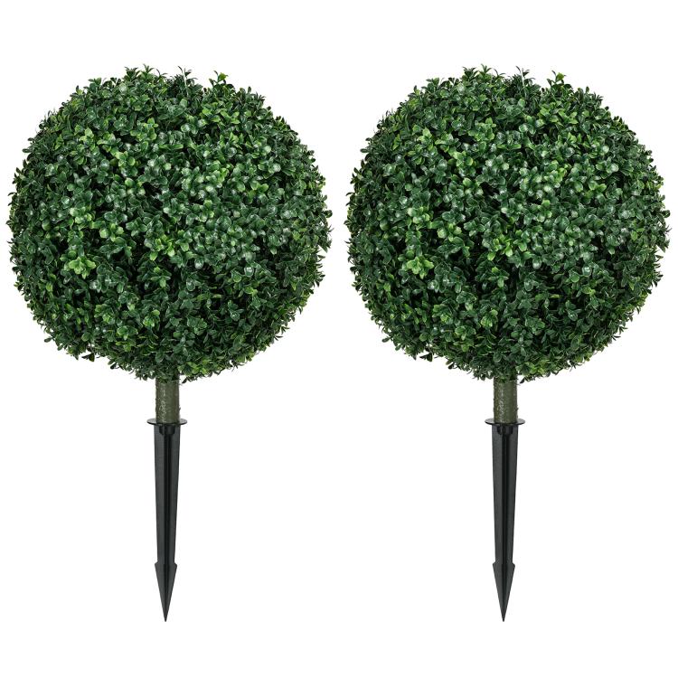 Set of 2 artificial boxwood ball topiary trees with dark ground stakes