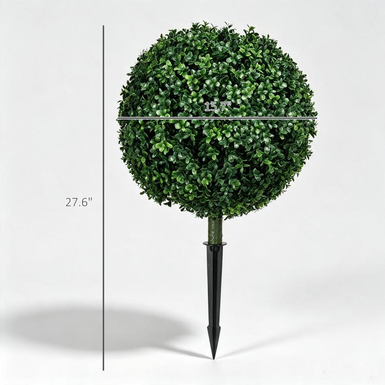 Artificial boxwood ball topiary tree with dense green foliage and black ground stake
