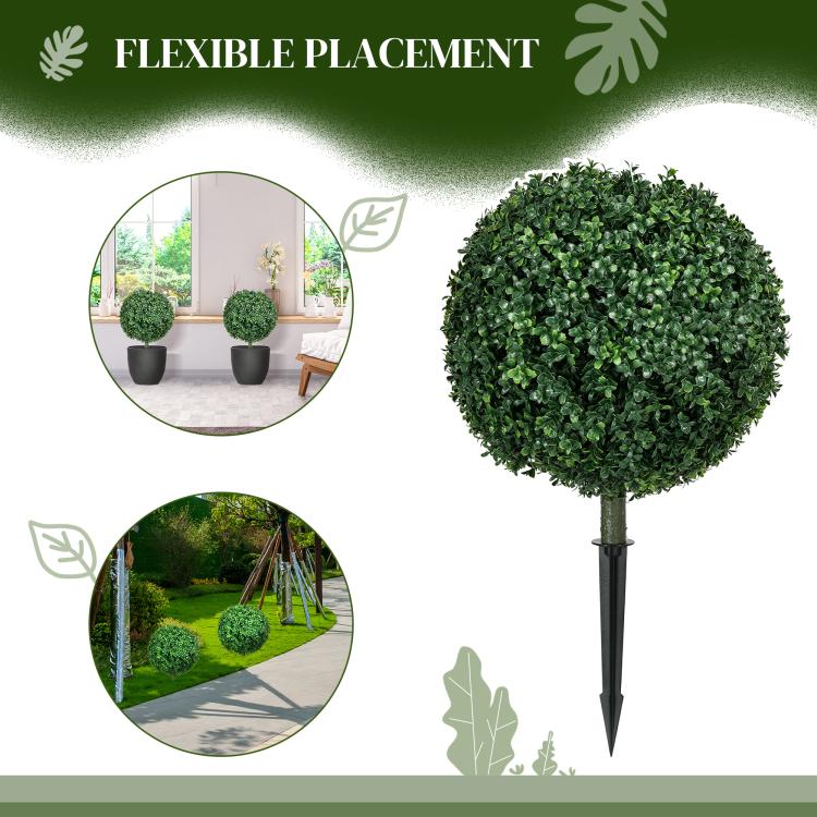 Artificial boxwood ball topiary tree with green foliage and ground stake, shown alone