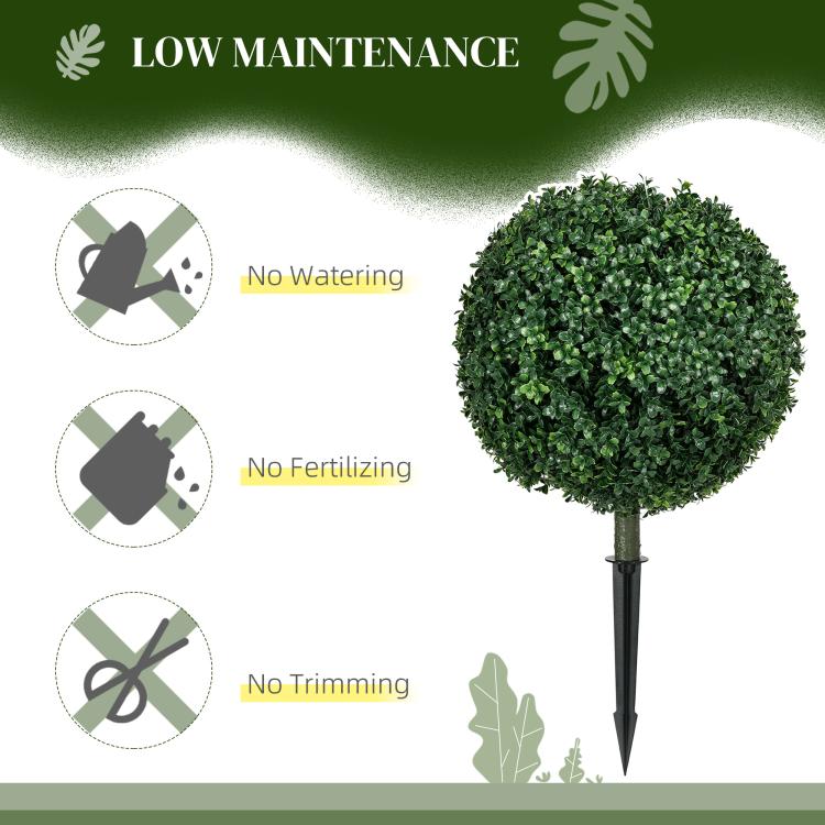 Artificial boxwood ball topiary tree with green leaves on a black ground stake