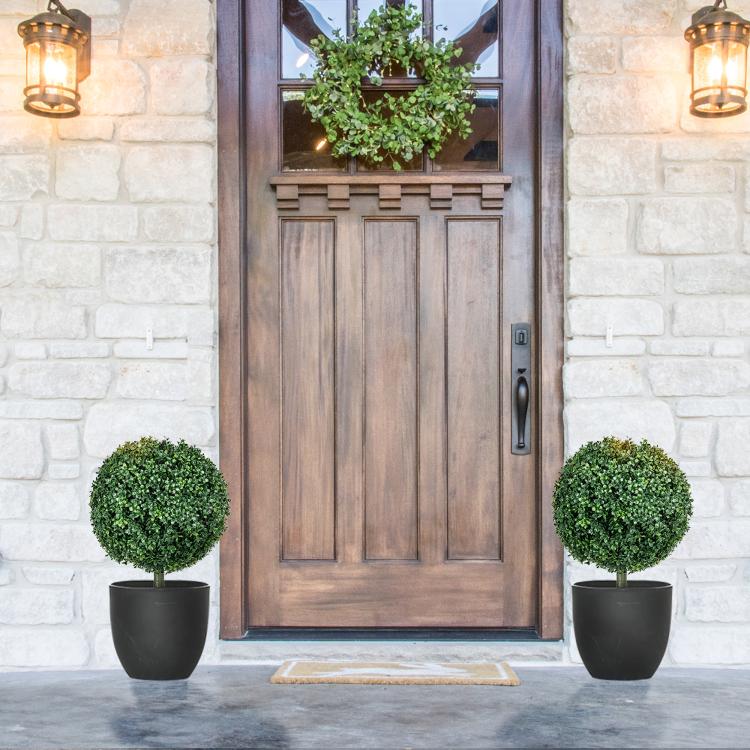 Set of 2 artificial boxwood ball topiary trees in planters with ground stakes