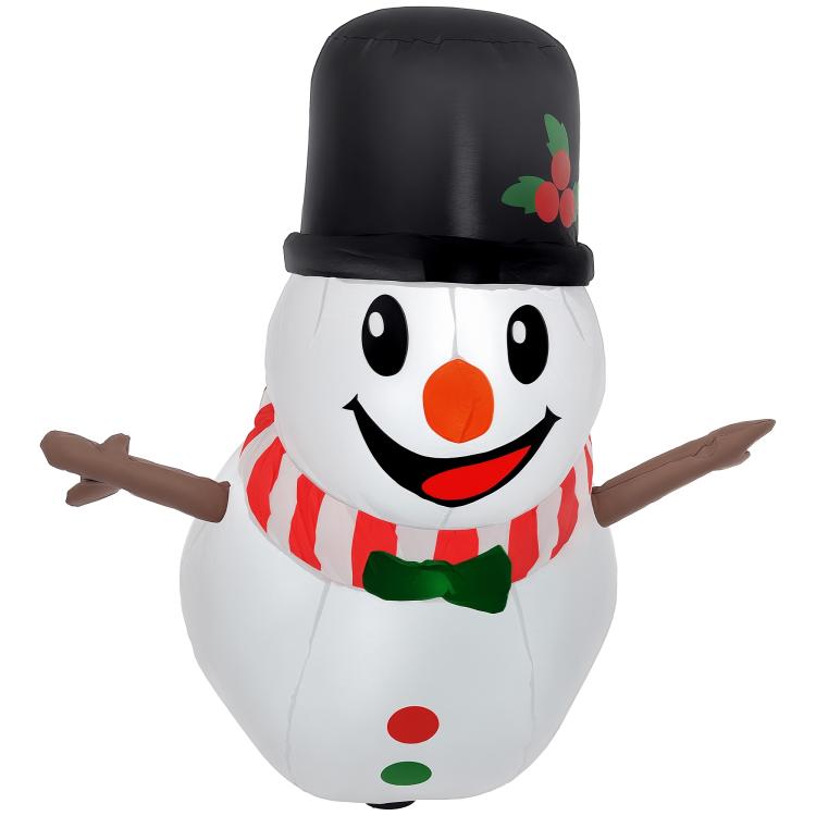 Inflatable hanging snowman with black top hat, red striped scarf, smiling face